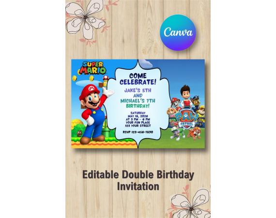 Twin Super Mario and Paw Patrol Invitation | Canva Template